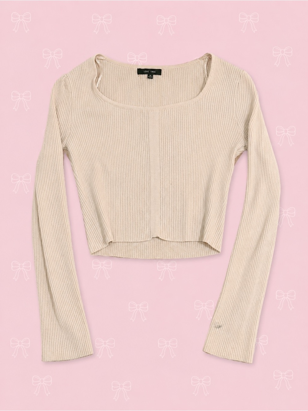 Aerie Cream Ribbed Scoop Neck Cropped Long Sleeve Top